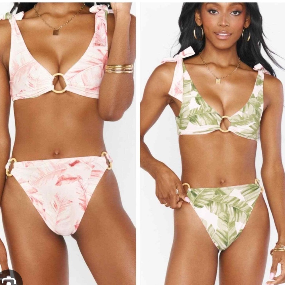 Show Me Your MuMu Pink Palm Leaf Tie-Shoulder Bikini Top Small. Reversible